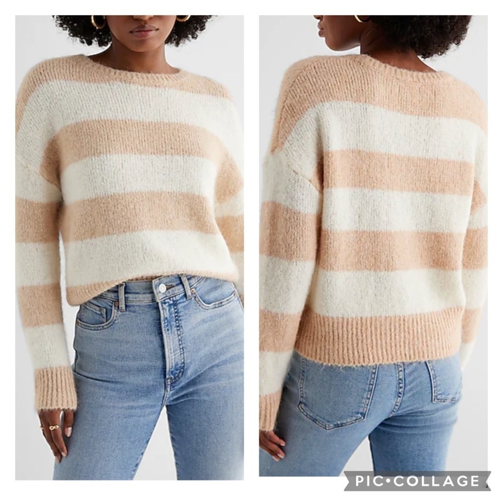 NWT Express Striped Fuzzy Knit Crew Neck Sweater Medium